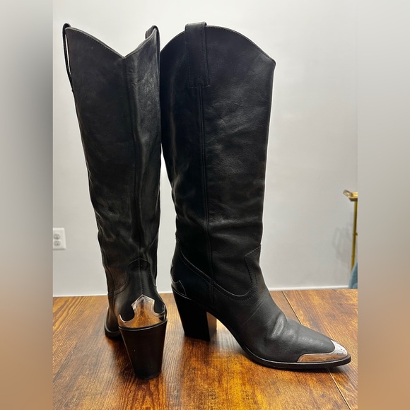 Frye Black Leather Tall Western Metal Plate Knee High Boots Faye Size 8.5 - Picture 1 of 14